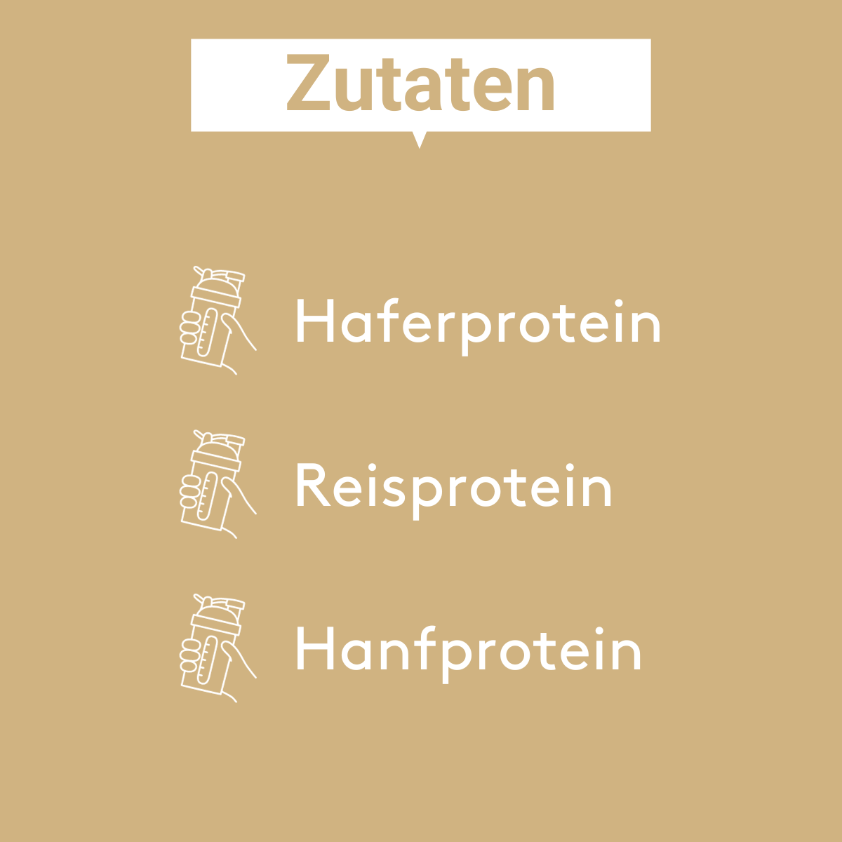 Grafik mit Zutatenangabe für die „Proteinquelle“-Mischung von Histaminikus. Beigefarbener Hintergrund mit dem Titel „Zutaten“ oben. Aufgelistet werden Haferprotein, Reisprotein und Hanfprotein. Links neben den Zutaten jeweils ein Shaker-Symbol.
