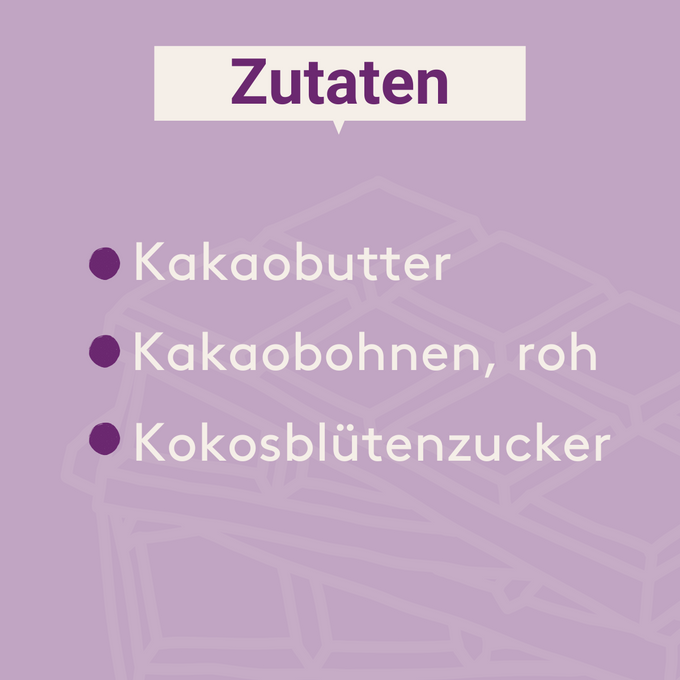 Grafik mit Zutaten der Wholy Bean Schokolade auf lila Hintergrund: Kakaobutter, rohe Kakaobohnen, Kokosblütenzucker. Im Hintergrund eine angedeutete Schokoladentafel als Linie.
