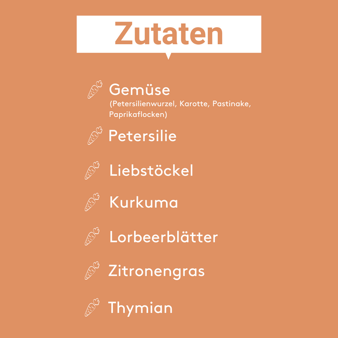 Grafik mit der Überschrift „Zutaten“ auf orangefarbenem Hintergrund. Aufgelistet sind:
– Gemüse (Petersilienwurzel, Karotte, Pastinake, Paprikaflocken)
– Petersilie
– Liebstöckel
– Kurkuma
– Lorbeerblätter
– Zitronengras
– Thymian
Jede Zutat ist mit einem weißen Karottensymbol versehen.