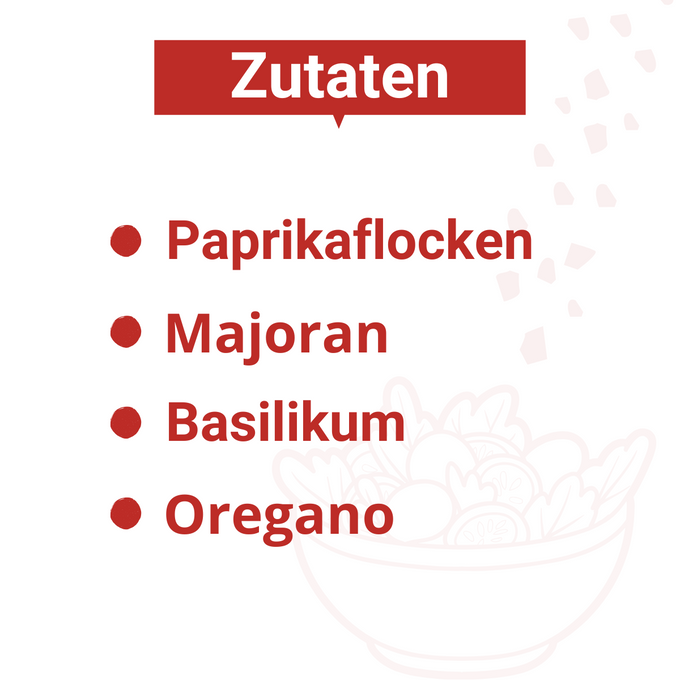 Grafik mit roter Überschrift „Zutaten“. Aufgelistet sind:
– Paprikaflocken
– Majoran
– Basilikum
– Oregano
Links neben jedem Punkt ein roter Kreis. Im Hintergrund eine angedeutete Salatschüssel mit fliegenden Zutaten.