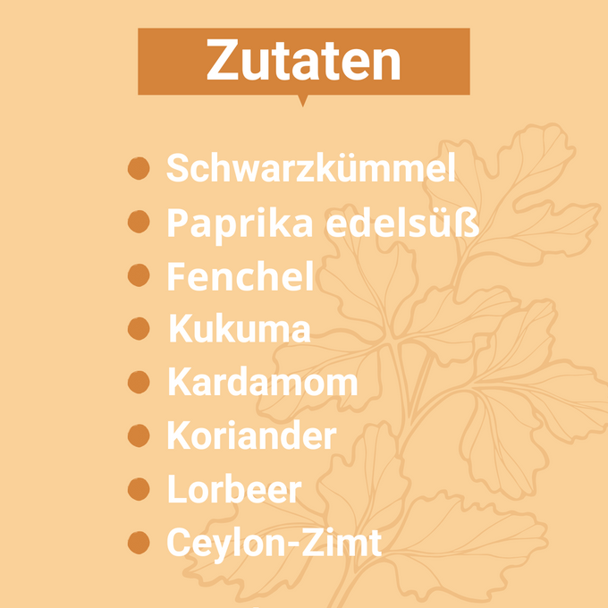 Grafik mit den Zutaten des Garam Masala: Schwarzkümmel, Paprika edelsüß, Fenchel, Kurkuma, Kardamom, Koriander, Lorbeer, Ceylon-Zimt