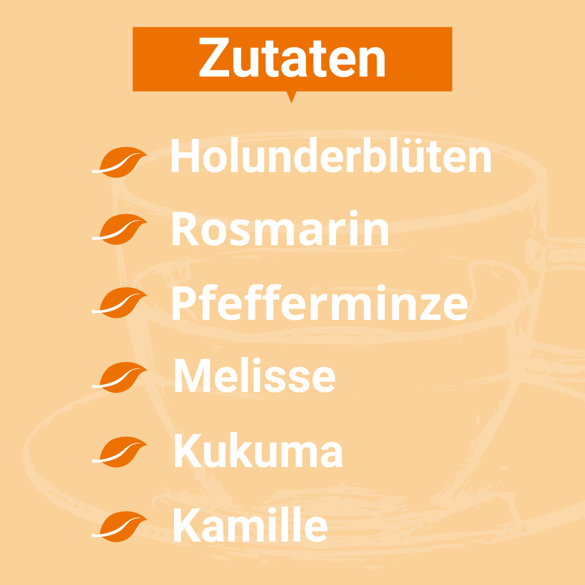 Grafik mit sechs Zutaten auf orangem Hintergrund, daneben stilisierte Blätter: Holunderblüten, Rosmarin, Pfefferminze, Melisse, Kurkuma und Kamille. Im Hintergrund ist eine Teetasse schematisch angedeutet.