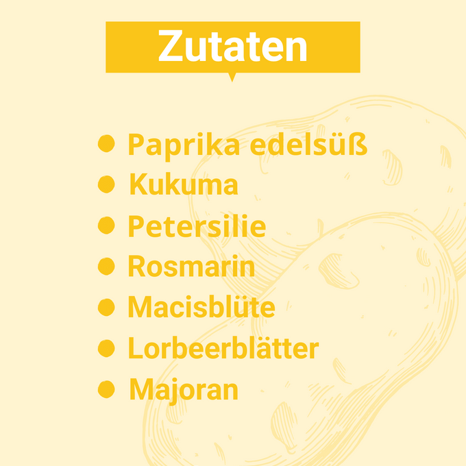 Grafik mit Zutaten der Kartoffelwürze: Paprika edelsüß, Kurkuma, Petersilie, Rosmarin, Macisblüte, Lorbeerblätter, Majoran