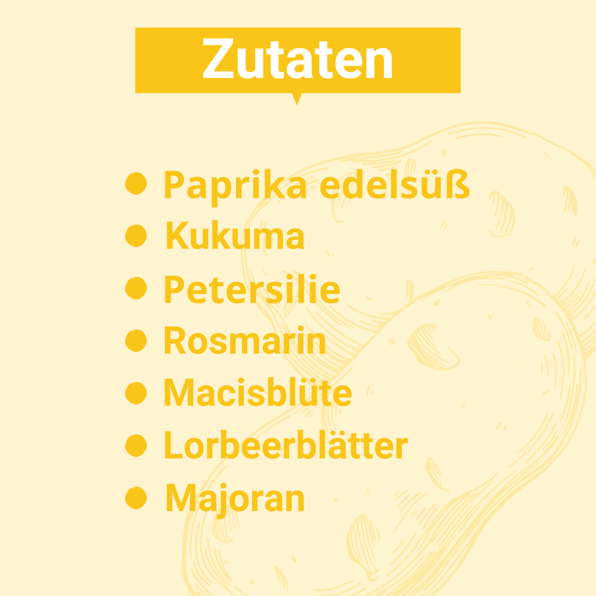 Grafik mit Zutaten der Kartoffelwürze: Paprika edelsüß, Kurkuma, Petersilie, Rosmarin, Macisblüte, Lorbeerblätter, Majoran
