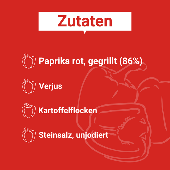 Grafik auf der folgende Zutaten aufgeführt sind:
Paprika rot gegrillt (86%), Verjus, Kartoffelflocken, Steinsalz unjodiert