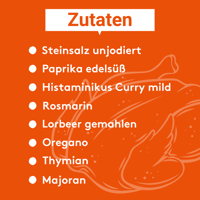 Orangefarbener Hintergrund mit weißer Überschrift „Zutaten“ und einer Liste in Weiß: Steinsalz unjodiert, Paprika edelsüß, Histaminikus Curry mild, Rosmarin, Lorbeer gemahlen, Oregano, Thymian, Majoran. Im Hintergrund eine lineare Illustration eines Hähnchens.