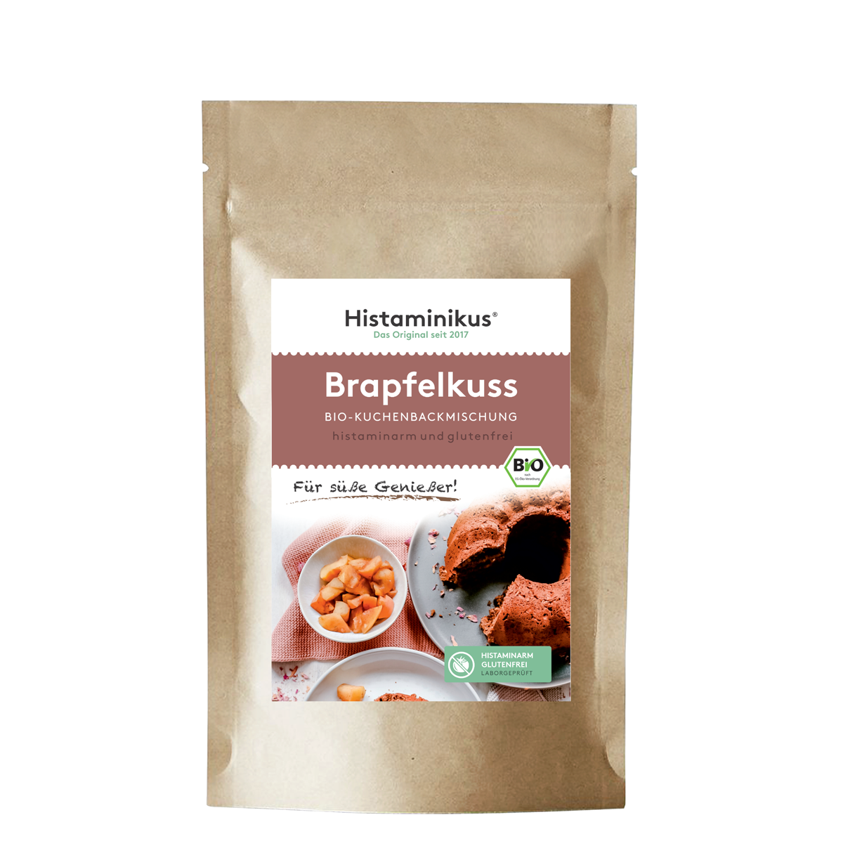 Braune Standbodenverpackung mit Etikett „Brapfelkuss – Bio-Kuchenbackmischung“. Auf dem Etikett ein Gugelhupf, Apfelstückchen, Bio- und histaminarm-Label.