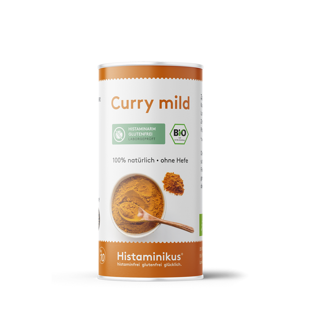 Weiße Gewürzdose mit orangefarbenem Deckel und Etikett „Curry mild“. Aufschrift: 100 % natürlich, ohne Hefe, histaminarm, glutenfrei, Bio. Abbildung von Currypulver mit Holzlöffel.