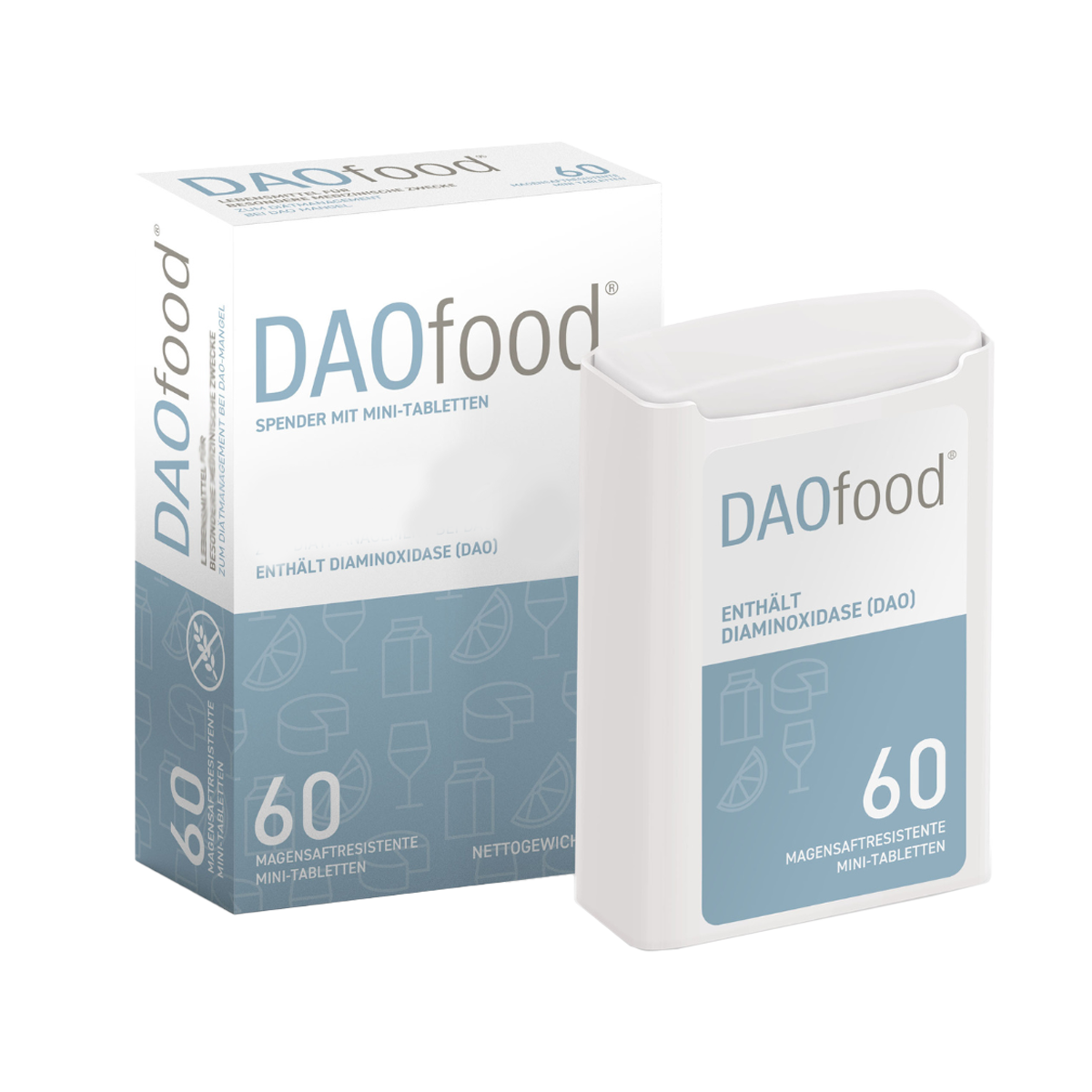 Verpackung und Spenderdose „DAOfood“ mit blau-weißem Design. Enthält 60 magensaftresistente Mini-Tabletten mit Diaminoxidase (DAO).