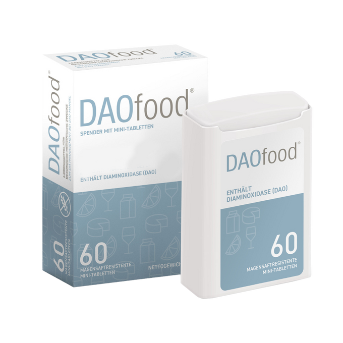 Verpackung und Spenderdose „DAOfood“ mit blau-weißem Design. Enthält 60 magensaftresistente Mini-Tabletten mit Diaminoxidase (DAO).