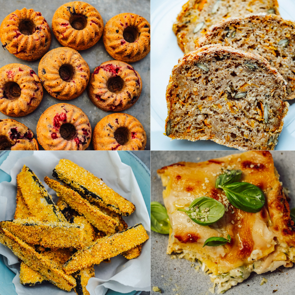 Vier verschiedene Gerichte auf grauem Untergrund: oben links kleine Gugelhupf-Küchlein mit Beeren, oben rechts aufgeschnittenes saftiges Körnerbrot mit Kernen, unten links panierte Zucchinistreifen in Schale, unten rechts goldbraune Lasagne mit Basilikum