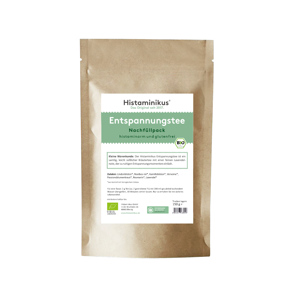 Produktfoto: Kraftpapierbeutel mit Etikett „Entspannungstee Nachfüllpack – histaminarm und glutenfrei“. Grüner Balken mit weißer Schrift, darunter eine kleine Warenkunde mit Beschreibung als samtiger, leicht süßlicher Kräutertee mit Lavendel-Note. Unten Bio-Siegel und Nährwertangaben.