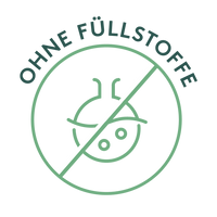 Grünes Siegel mit der Aufschrift „OHNE FÜLLSTOFFE“ über der stilisierten Silhouette eines Kopfes mit durchgestrichenem Löffel Symbol. Das Icon steht für ein Produkt, das frei von überflüssigen Füllstoffen ist und dadurch besonders gut verträglich bleibt.
