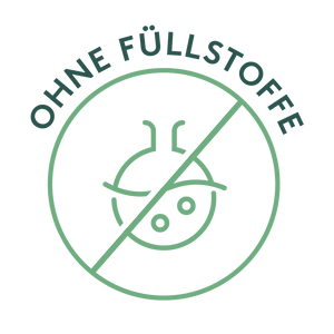 Grünes Siegel mit der Aufschrift „OHNE FÜLLSTOFFE“ über der stilisierten Silhouette eines Kopfes mit durchgestrichenem Löffel Symbol. Das Icon steht für ein Produkt, das frei von überflüssigen Füllstoffen ist und dadurch besonders gut verträglich bleibt.