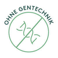 Grünes Rundsiegel mit durchgestrichenem DNA-Strang und der Aufschrift „OHNE GENTECHNIK“. Es steht für gentechnikfreie Herstellung und den bewussten Verzicht auf genveränderte Zutaten.