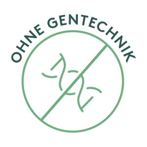 Grünes Rundsiegel mit durchgestrichenem DNA-Strang und der Aufschrift „OHNE GENTECHNIK“. Es steht für gentechnikfreie Herstellung und den bewussten Verzicht auf genveränderte Zutaten.