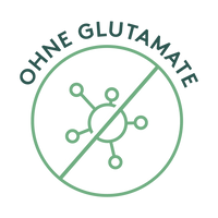 Grünes Rundsiegel mit der Aufschrift „OHNE GLUTAMATE“. Im Zentrum ein stilisiertes Löffelsymbol mit Pulverschicht, das diagonal durchgestrichen ist – Symbol für den Verzicht auf geschmacksverstärkende Zusatzstoffe wie Glutamat.