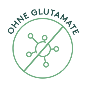 Grünes Rundsiegel mit der Aufschrift „OHNE GLUTAMATE“. Im Zentrum ein stilisiertes Löffelsymbol mit Pulverschicht, das diagonal durchgestrichen ist – Symbol für den Verzicht auf geschmacksverstärkende Zusatzstoffe wie Glutamat.