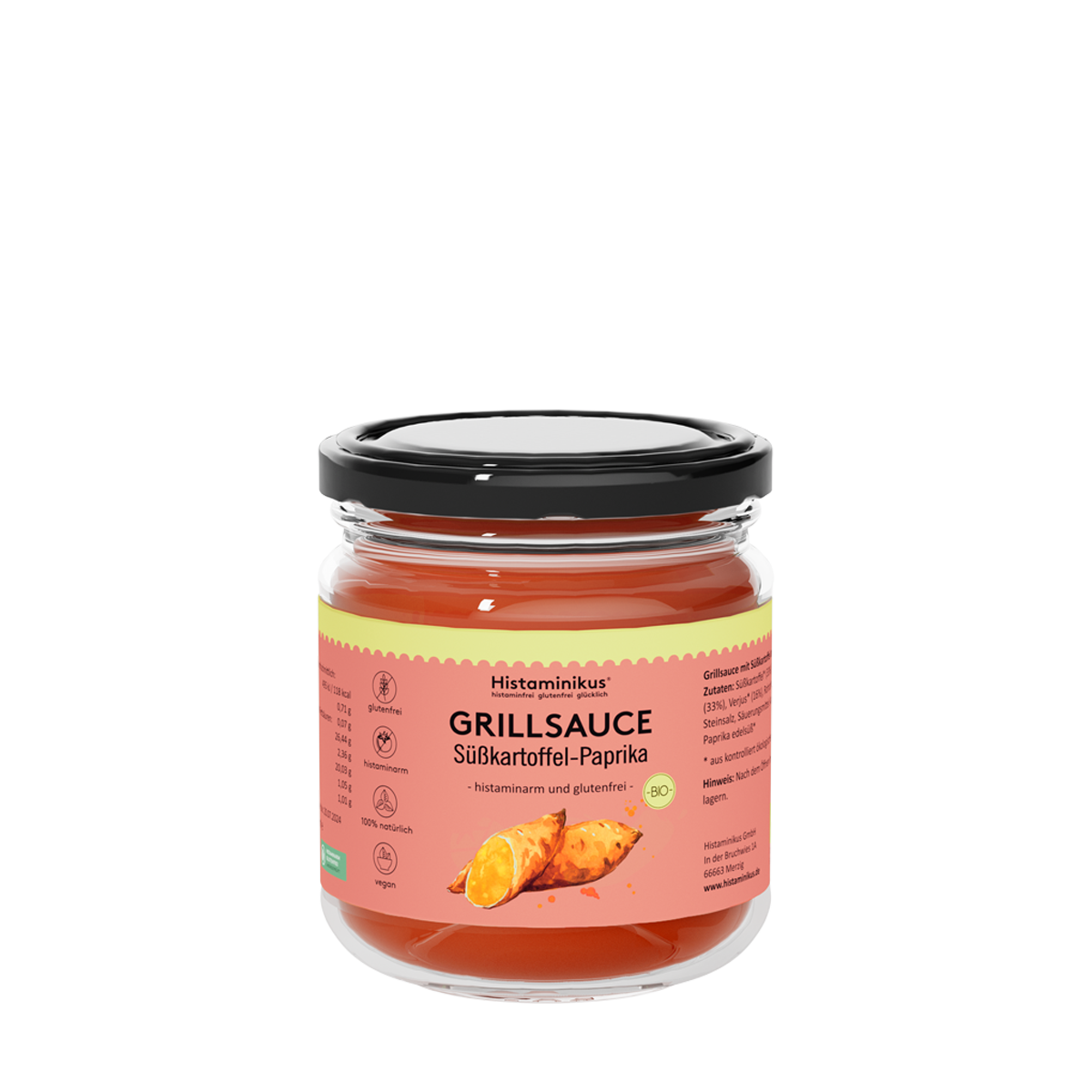 Glas mit Etikett "Grillsauce Süßkartoffel -Paprika" und schwarzem Deckel. Der Inhalt ist dunkelrot und wird als histaminam und glutenfrei bezeichnet. Auf dem Etikett sind zwei Süßkartoffeln zu sehen.
