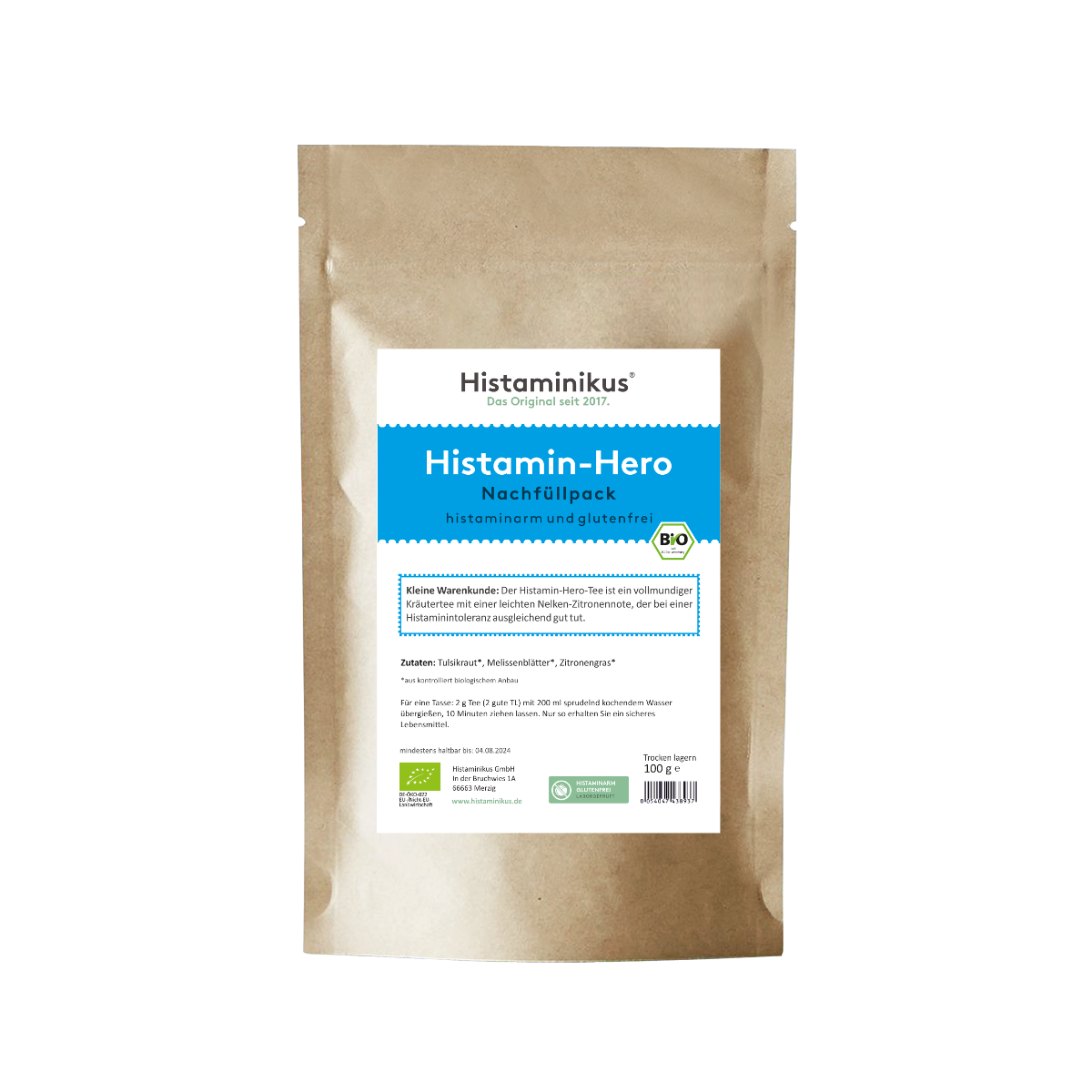 Beigefarbene Nachfüllverpackung mit blauem Etikett. Produktname „Histamin-Hero“, darunter die Angabe „histaminarm und glutenfrei“. Beschreibung: vollmundiger Kräutertee mit Nelken-Zitronennote zur Unterstützung bei Histaminintoleranz. BIO-Siegel vorhanden.