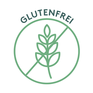 Grafik eines grünen kreisförmigen Siegels mit einer stilisierten durchgestrichenen Ähre in der Mitte. Darüber steht in Großbuchstaben der Schriftzug „GLUTENFREI“. Die Darstellung signalisiert ein glutenfreies Produkt.