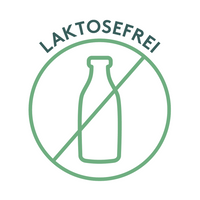 Grafik eines grünen kreisförmigen Siegels mit einer stilisierten durchgestrichenen Milchflasche in der Mitte. Darüber steht in Großbuchstaben der Schriftzug „LAKTOSEFREI“. Die Darstellung kennzeichnet ein laktosefreies Produkt.