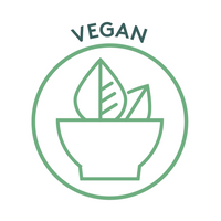 Grünes Siegel mit der Aufschrift „VEGAN“ über einem Symbol einer Schale mit zwei stilisierten Blättern.