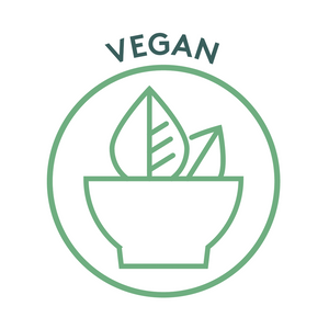 Grünes Siegel mit der Aufschrift „VEGAN“ über einem Symbol einer Schale mit zwei stilisierten Blättern.
