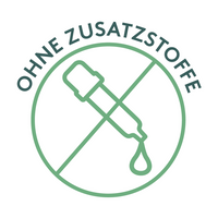 Grünes Siegel mit der Aufschrift „OHNE ZUSATZSTOFFE“ über einem durchgestrichenen Symbol einer Pipette mit Tropfen. Das runde Zeichen signalisiert den Verzicht auf künstliche Zusatzstoffe im Produkt.
