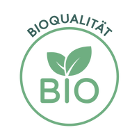Grünes Siegel mit dem Schriftzug „BIOQUALITÄT“ in Großbuchstaben am oberen Rand. In der Mitte ein stilisiertes sechseckiges Bio-Logo mit Blattform und dem Text „BIO nach EG-Öko-Verordnung“. Das Siegel kennzeichnet Produkte in kontrollierter Bio-Qualität.