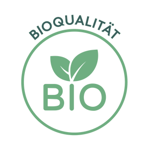 Grünes Siegel mit dem Schriftzug „BIOQUALITÄT“ in Großbuchstaben am oberen Rand. In der Mitte ein stilisiertes sechseckiges Bio-Logo mit Blattform und dem Text „BIO nach EG-Öko-Verordnung“. Das Siegel kennzeichnet Produkte in kontrollierter Bio-Qualität.