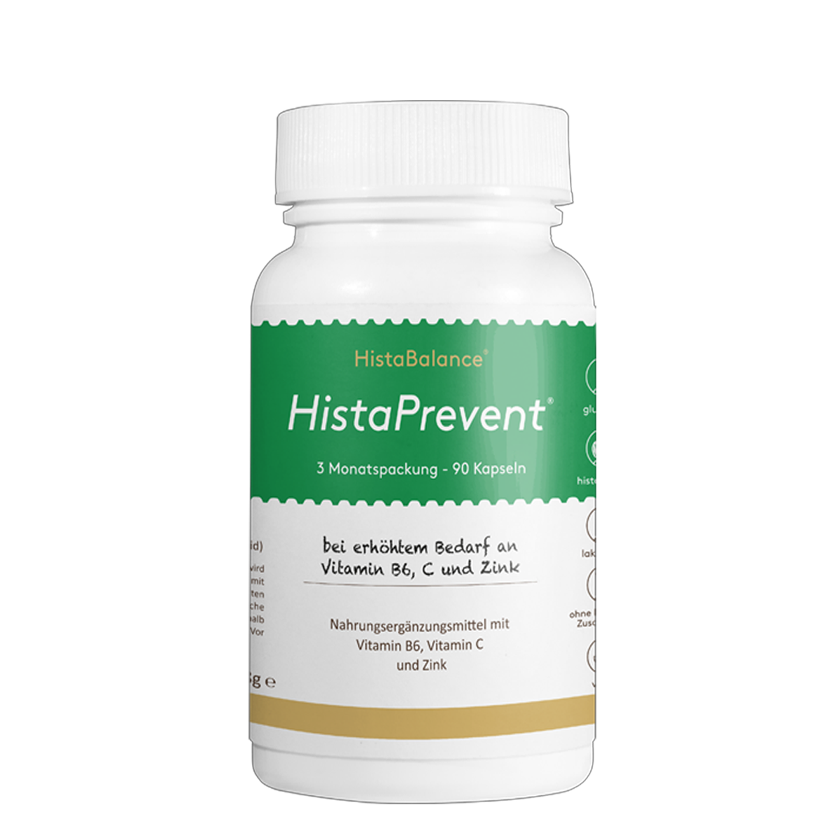 Weiße Dose mit grün-goldenem Etikett der Marke HistaBalance®, Aufschrift „HistaPrevent“, enthält 90 Kapseln zur Versorgung mit Vitamin B6, C und Zink, beworben bei erhöhtem Bedarf.