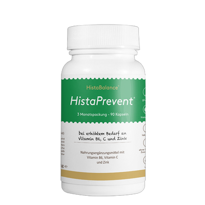 Weiße Dose mit grün-goldenem Etikett der Marke HistaBalance®, Aufschrift „HistaPrevent“, enthält 90 Kapseln zur Versorgung mit Vitamin B6, C und Zink, beworben bei erhöhtem Bedarf.