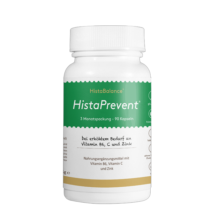 Weiße Dose mit grün-goldenem Etikett der Marke HistaBalance®, Aufschrift „HistaPrevent“, enthält 90 Kapseln zur Versorgung mit Vitamin B6, C und Zink, beworben bei erhöhtem Bedarf.