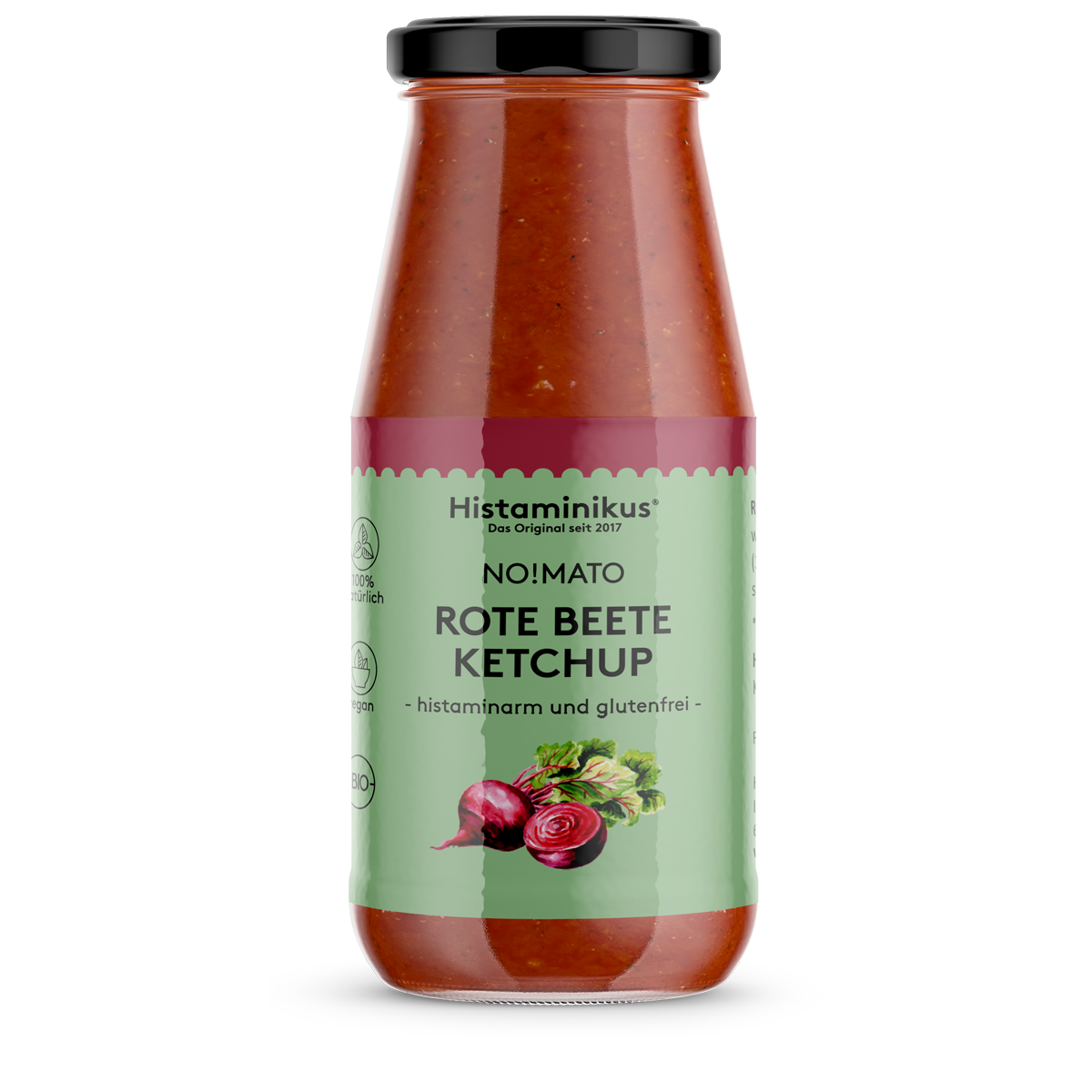 Eine Glasflasche „Rote Beete Ketchup“ von Histaminikus mit grünem Etikett. Aufschrift: „NO!MATO Rote Beete Ketchup – histaminarm und glutenfrei“. Abgebildet sind Rote Beete und Kräuter.