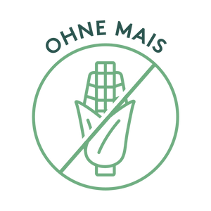 Grünes Rundsiegel mit durchgestrichenem Maiskolben und der Aufschrift „OHNE MAIS“.