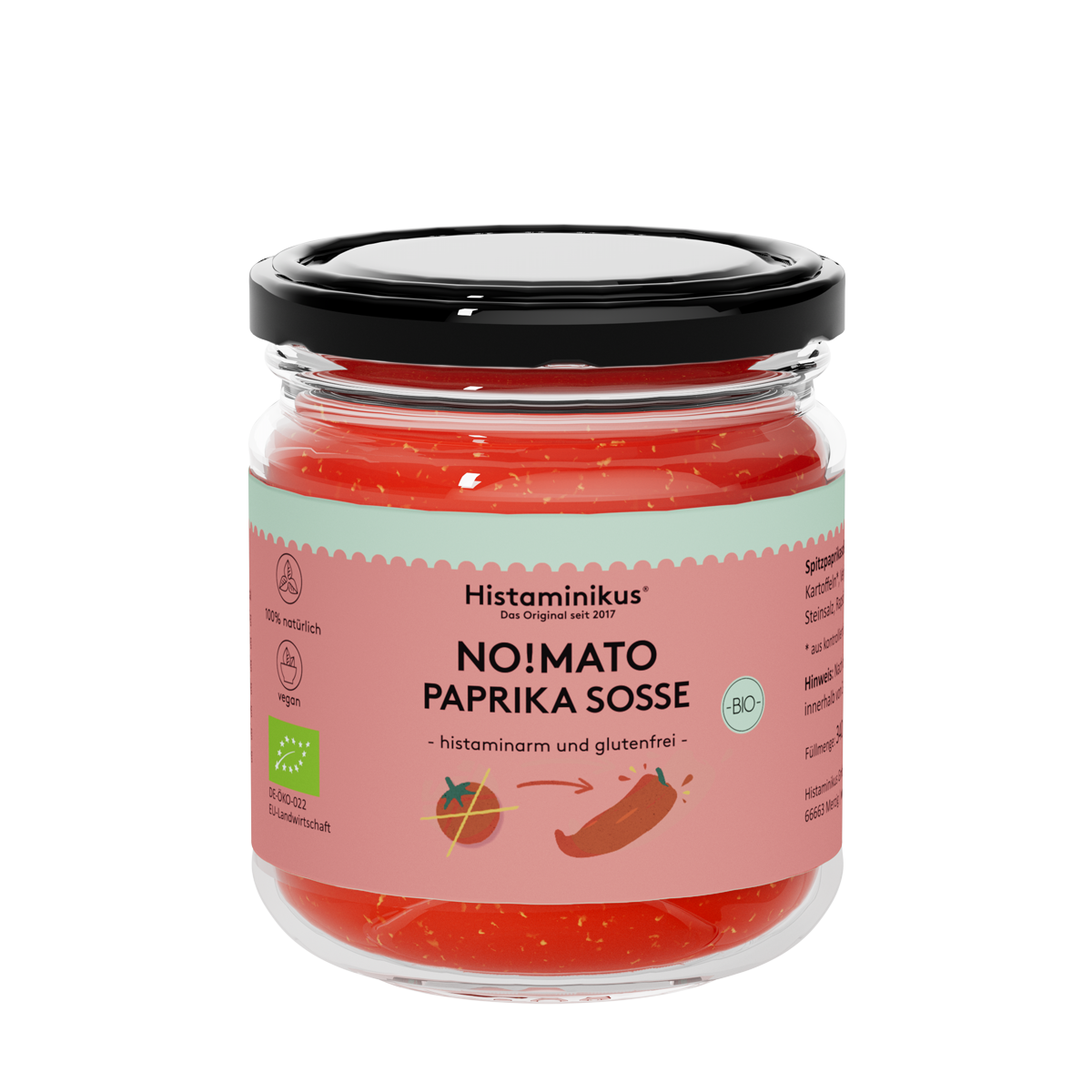 Glas mit Etikett und der Aufschrift: No!mato Paprika Sosse. Schwarzer Deckel und hellroter Inhalt. Der Inhalt wird als histaminarm und glutenfrei bezeichnet.