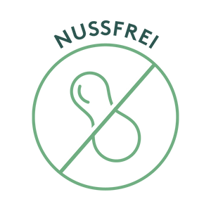 Grünes Rundsiegel mit durchgestrichenem Nuss-Symbol und der Aufschrift „NUSSFREI“. Es kennzeichnet Produkte, die keine Nüsse enthalten – ideal für Menschen mit Nussallergie oder bei bewusster Vermeidung von Nüssen.