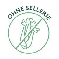 Grünes Rundsiegel mit durchgestrichenem Sellerie-Symbol und der Aufschrift „OHNE SELLERIE“.