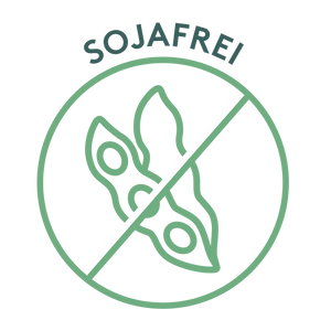 Grünes Siegel mit dem Schriftzug „SOJAFREI“ in Großbuchstaben über einem durchgestrichenen Symbol einer Sojabohne. Das runde Zeichen weist darauf hin, dass das Produkt frei von Soja ist.