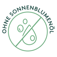 Grünes Rundsiegel mit durchgestrichenem Tropfen-Symbol und der Aufschrift „OHNE SONNENBLUMENÖL“. Es kennzeichnet Produkte, die kein Sonnenblumenöl enthalten – ideal bei entsprechender Unverträglichkeit oder bewusster Vermeidung.