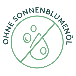 Grünes Rundsiegel mit durchgestrichenem Tropfen-Symbol und der Aufschrift „OHNE SONNENBLUMENÖL“. Es kennzeichnet Produkte, die kein Sonnenblumenöl enthalten – ideal bei entsprechender Unverträglichkeit oder bewusster Vermeidung.