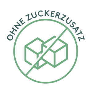 Grünes Rundsiegel mit durchgestrichenem Zuckerstück und der Aufschrift „OHNE ZUCKERZUSATZ“.