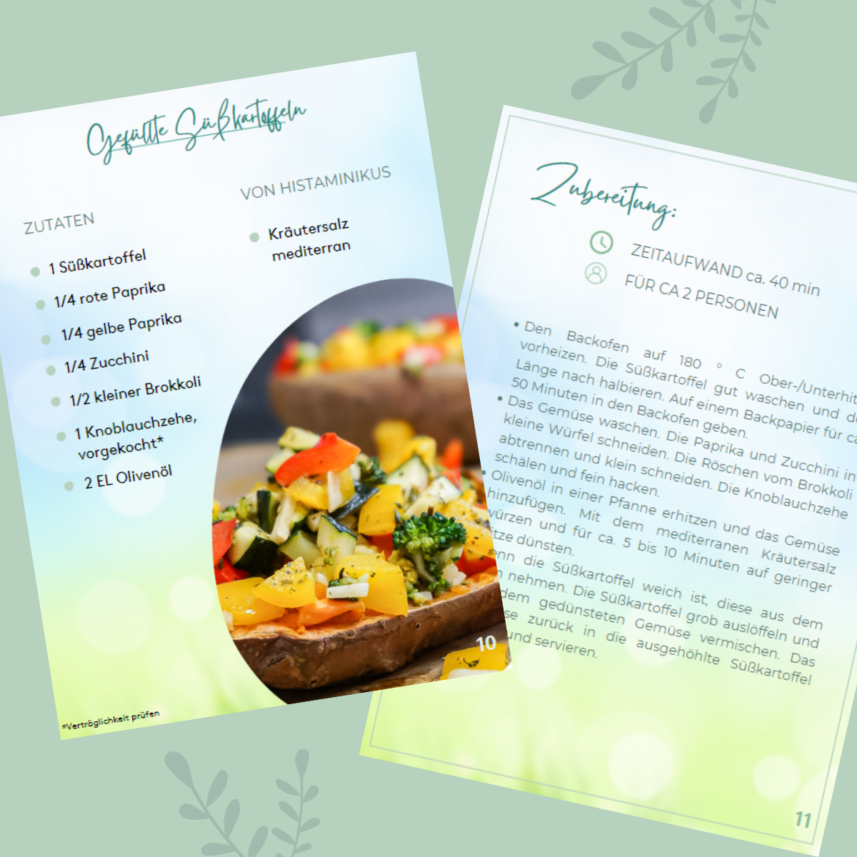 Doppelseite aus dem E-Book mit Rezept für gefüllte Süßkartoffeln. Links: Zutatenliste mit Gemüse und Kräutersalz mediterran. Rechts: Zubereitungsschritte für 2 Personen, Zeitaufwand ca. 40 Minuten. Darunter ein Bild der fertig gefüllten Süßkartoffel.