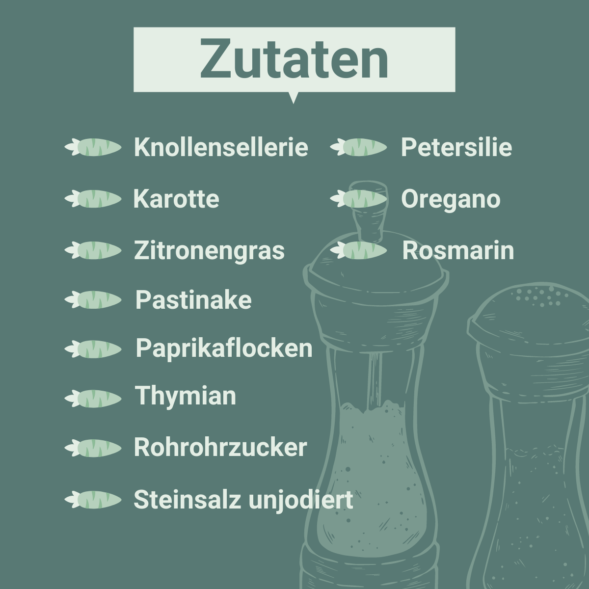 Grafik mit Zutatenliste für die „Salatkräuter“ von Histaminikus. Vor grünem Hintergrund werden alle enthaltenen Zutaten übersichtlich dargestellt: Knollensellerie, Karotte, Zitronengras, Pastinake, Paprikaflocken, Thymian, Rohrohrzucker, Steinsalz unjodiert, Petersilie, Oregano und Rosmarin. Eine stilisierte Illustration von Salz- und Pfeffermühlen ergänzt das Design.