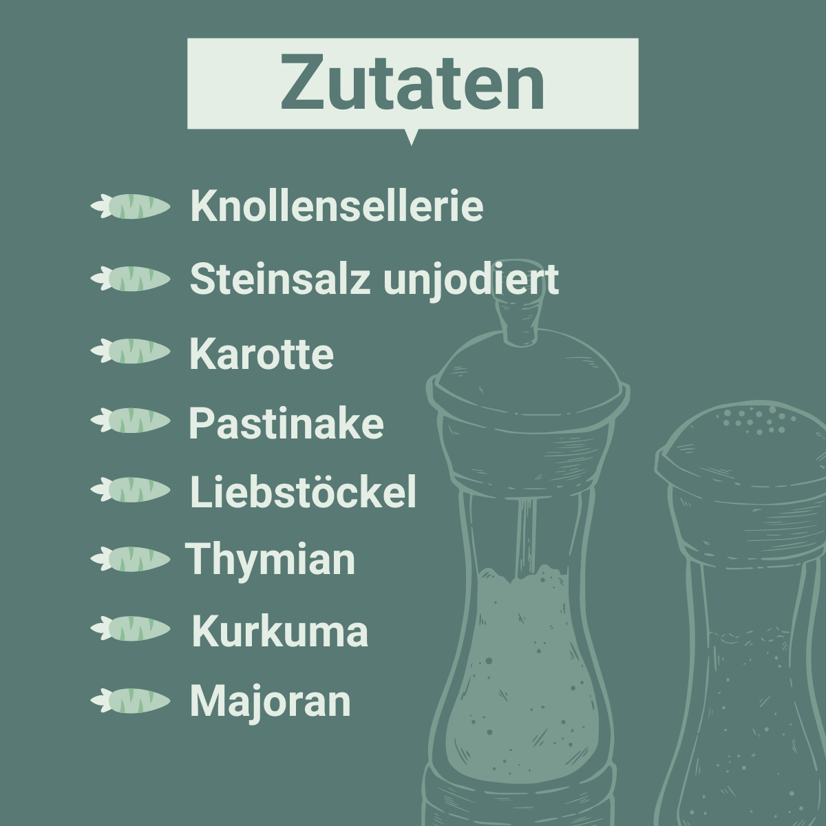 Grafik mit der Überschrift „Zutaten“ und gezeichneten Gewürzmühlen im Hintergrund. Aufgelistet sind: Knollensellerie, Steinsalz unjodiert, Karotte, Pastinake, Liebstöckel, Thymian, Kurkuma und Majoran. Links neben jeder Zutat befindet sich ein stilisiertes Gemüse-Icon. Der Hintergrund ist grünlich-blau.