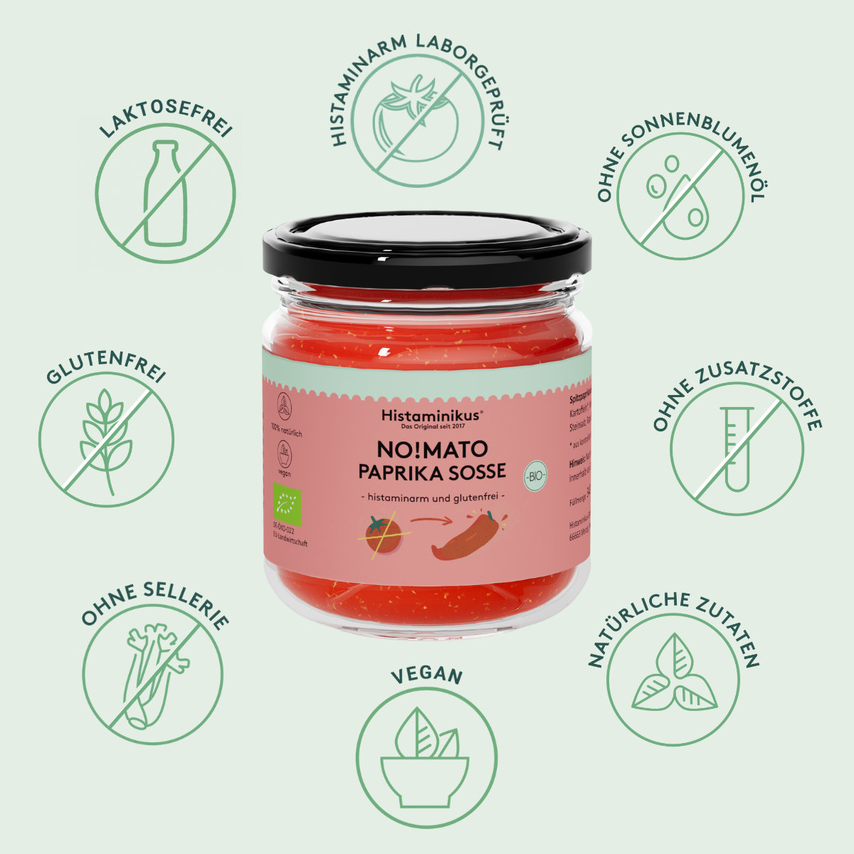 Grafik mit Glas der No!mato Sosse in der Mitte. Drumherum sieht man Icons mit Vorteilen der No!mato Sosse wie: histaminarm laborgeprüft, ohne Zusatzstoffe, vegan, ohne Sellerie,  ohne Sonnenblumenöl, laktosefrei, glutenfrei und natürliche Zutaten
