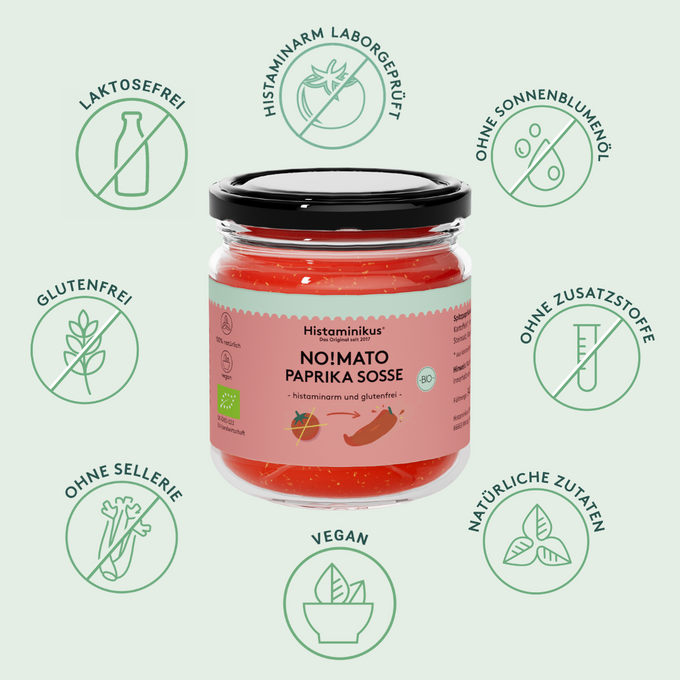 Grafik mit Glas der No!mato Sosse in der Mitte. Drumherum sieht man Icons mit Vorteilen der No!mato Sosse wie: histaminarm laborgeprüft, ohne Zusatzstoffe, vegan, ohne Sellerie,  ohne Sonnenblumenöl, laktosefrei, glutenfrei und natürliche Zutaten