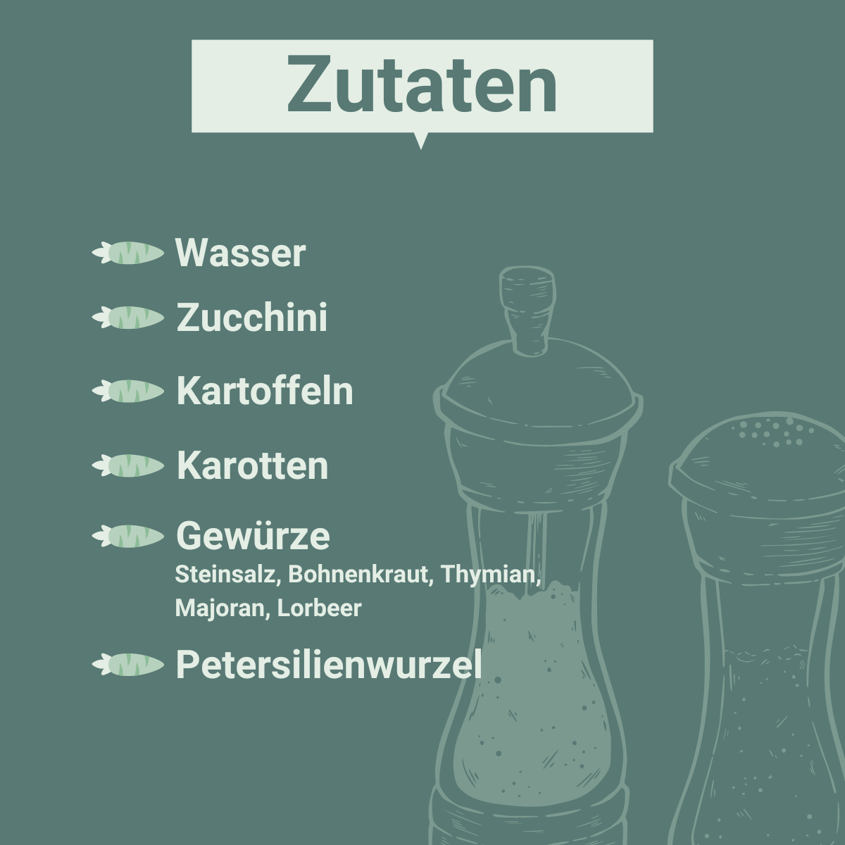 Zutatenliste auf grünem Hintergrund mit gezeichneten Gewürzmühlen: Wasser, Zucchini, Kartoffeln, Karotten, Gewürze (Steinsalz, Bohnenkraut, Thymian, Majoran, Lorbeer), Petersilienwurzel. Jede Zutat ist mit einem kleinen, stilisierten Zucchini-Symbol gekennzeichnet.