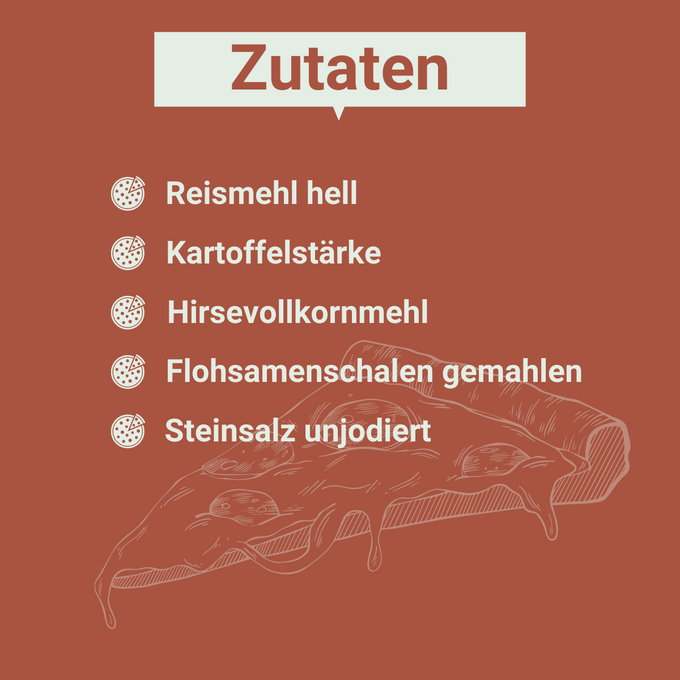 Grafik mit Zutatenübersicht für die „Pizzaminikus“ Bio-Pizzateig-Mischung. Auf terracottafarbenem Hintergrund sind die fünf Zutaten stichpunktartig gelistet: Reismehl hell, Kartoffelstärke, Hirsevollkornmehl, gemahlene Flohsamenschalen und unjodiertes Steinsalz. Links neben jedem Punkt ein stilisiertes Pizzasymbol, im Hintergrund eine gezeichnete, schmelzende Pizzascheibe als dekoratives Element.